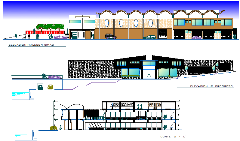 Main elevation and sectional details of shopping center dwg file