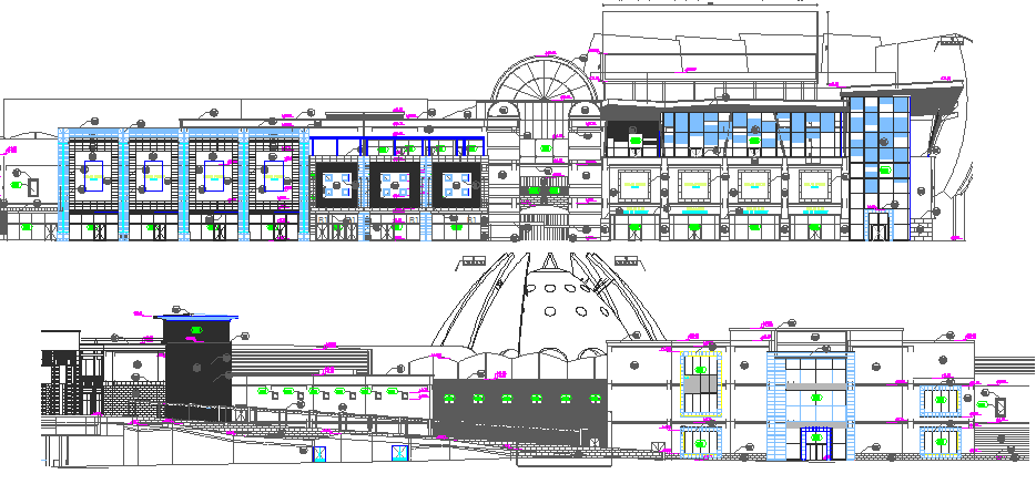Main elevation and sectional view of multi-level shopping mall dwg file