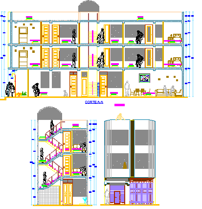 Main elevation and sectional view of three level multi-family building dwg file