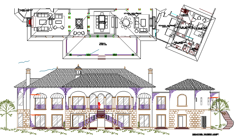 Main elevation of bungalow with structural layout plan details dwg file