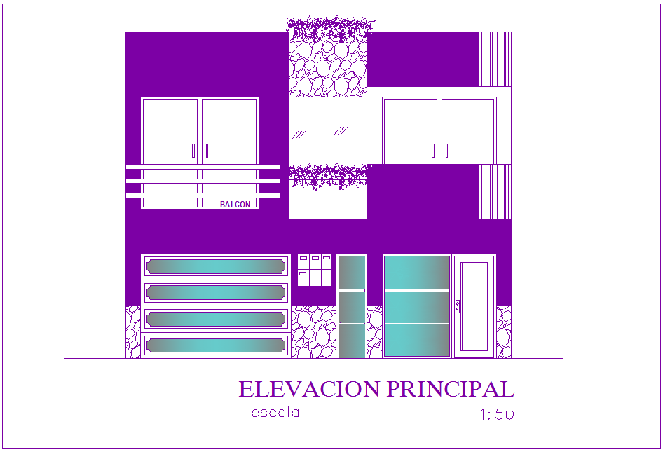 Main elevation of family house with architecture view dwg file