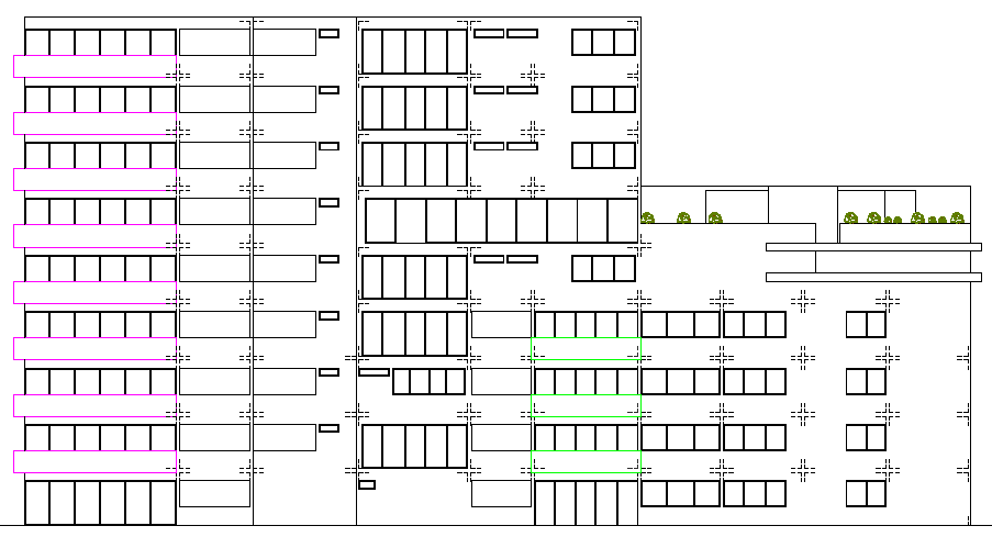 Main elevation of multi-family ad multi-flooring housing building dwg file
