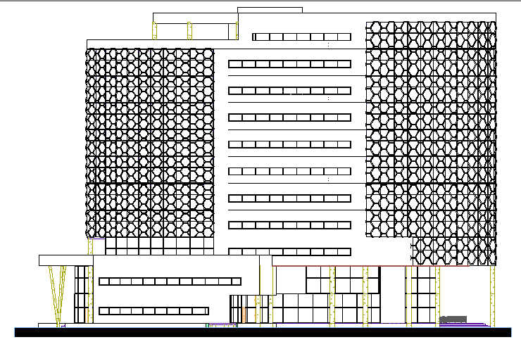Main elevation of multi-flooring corporate building dwg file