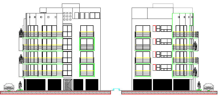 Main elevation of multi-flooring housing apartment dwg file