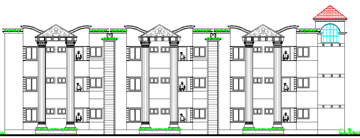 Main elevation of multi-flooring housing building dwg file