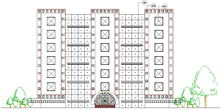 Main elevation view of corporation office building details dwg file
