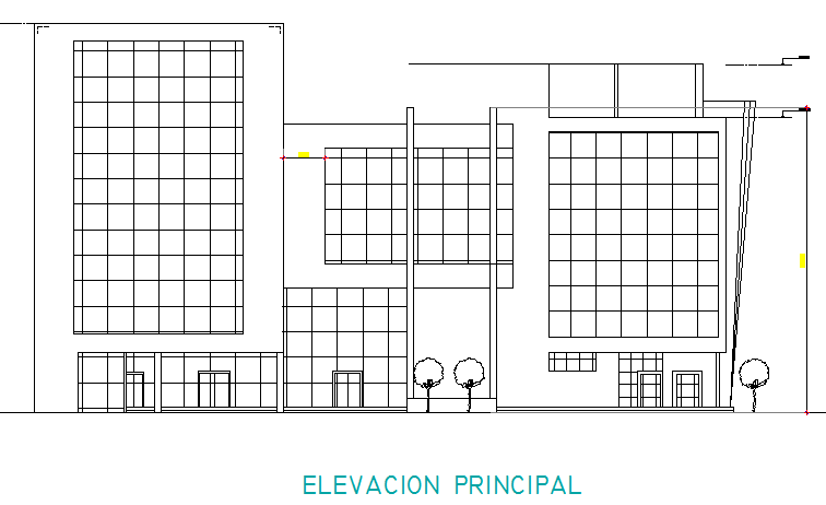 Main elevation view of finance office building dwg file