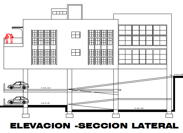 Main elevation with lateral section details of office building dwg file