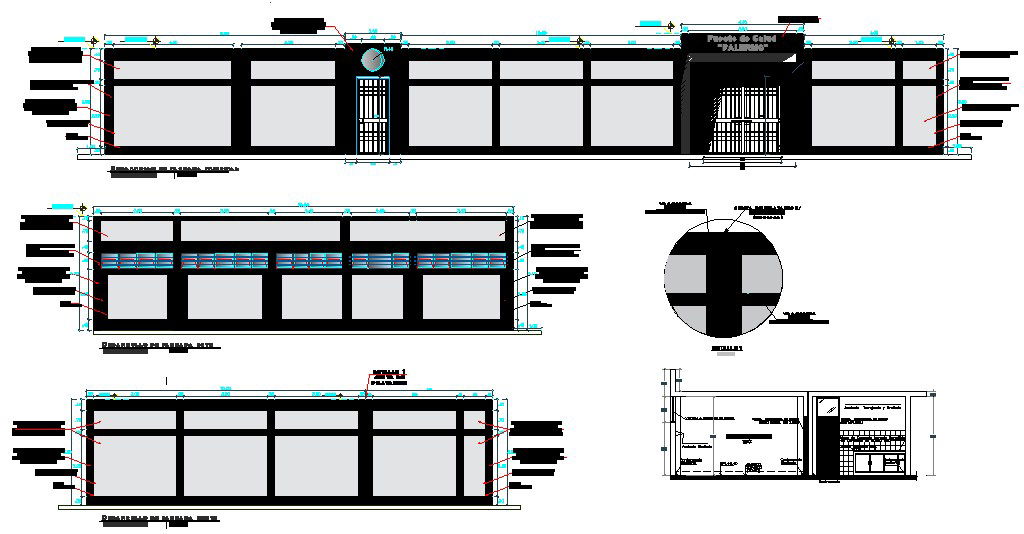 Main fence elevation, section and constructive structure details dwg file