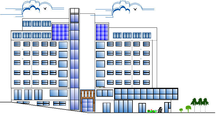 Main front elevation details of multi-purpose building dwg file