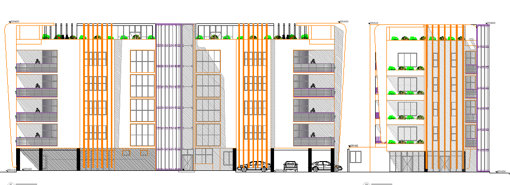 Main front elevation of multi-flooring apartment flats dwg file