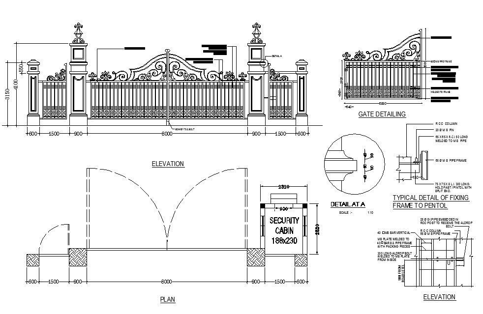Main gate and fence elevation, plan and installation details dwg file