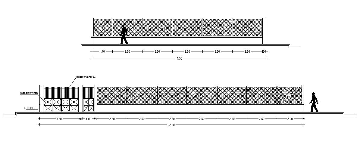 Main gate and fence elevation and section drawing details dwg file
