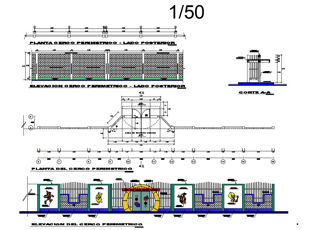 Main gate elevation, section, plan and structure details dwg file