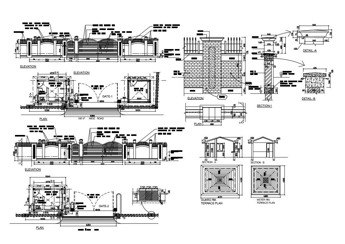 Main gate elevation and perimeter fence structure details dwg file