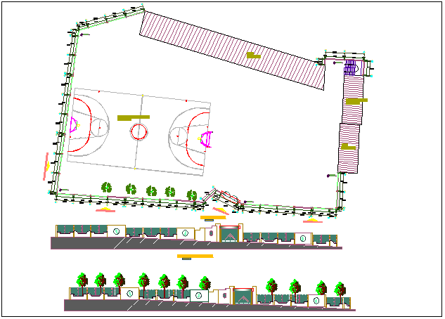 Main gate elevation with landscaping of sports ground with garden dwg file