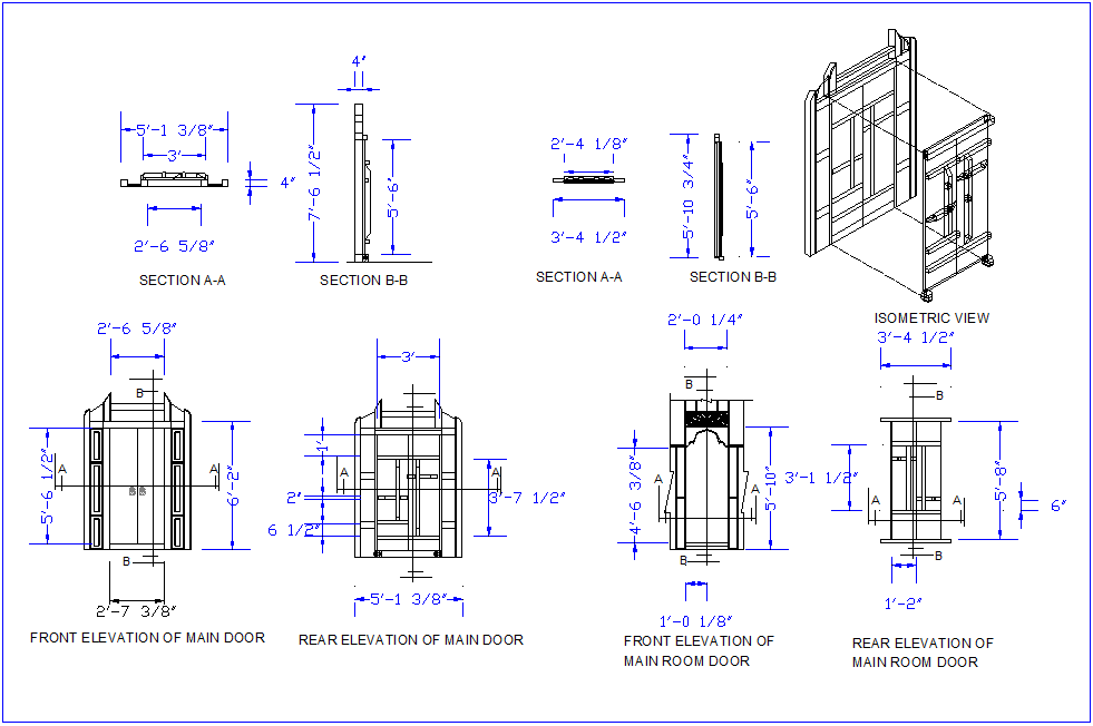 Main room door design with isometric view,plan and elevation dwg file
