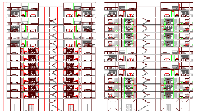 Main section plan of multi-family housing building dwg file
