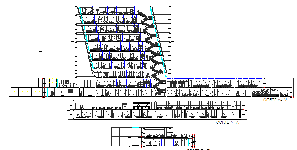 Main sectional view of multi-story office building dwg file