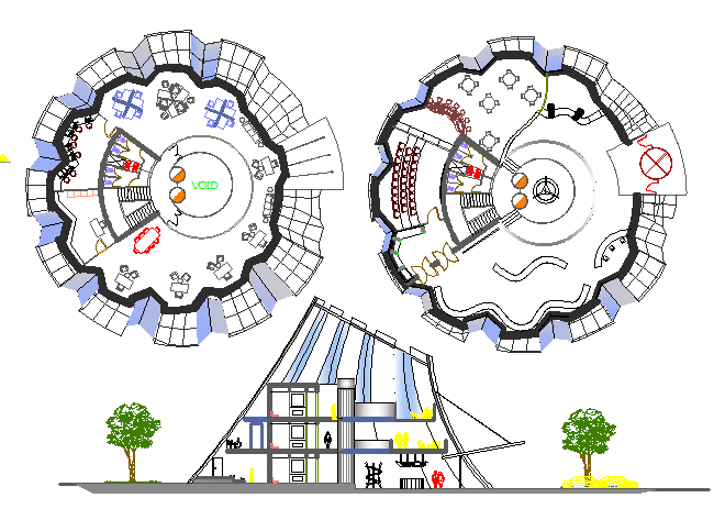 Main sectional view with first and second floor plan of office building dwg file