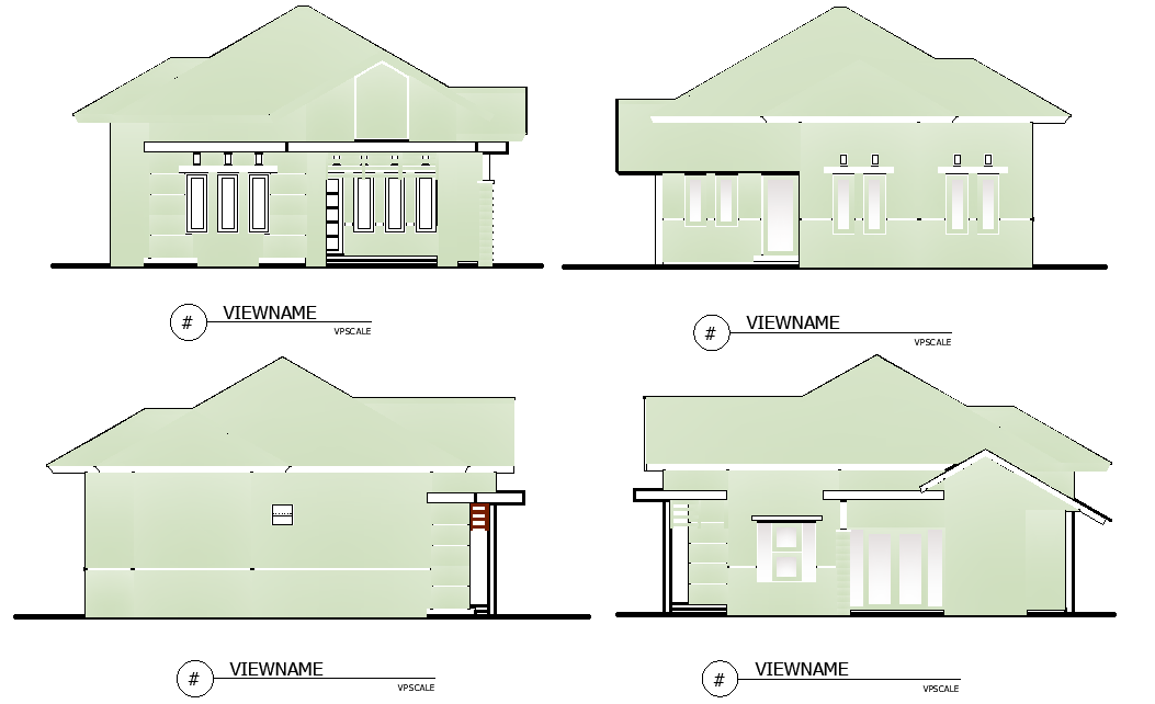 Main elevation view of 25’x25’ house building is given in this Autocad drawing file.Download now.