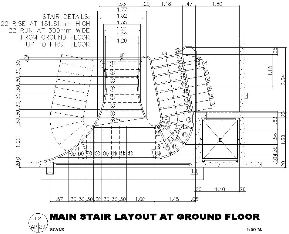 Main stair layout at ground floor AutoCAD drawing
