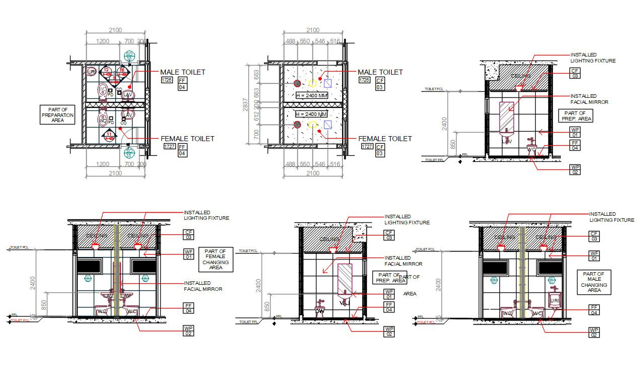 Male And Female Toilet Plan With Section Drawing DWG File