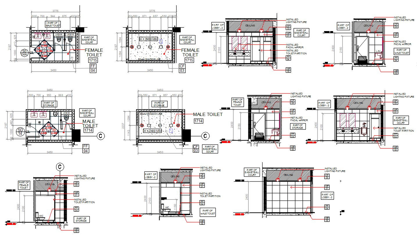 Male And Female Toilet Plan with False Ceiling Design AutoCAD File