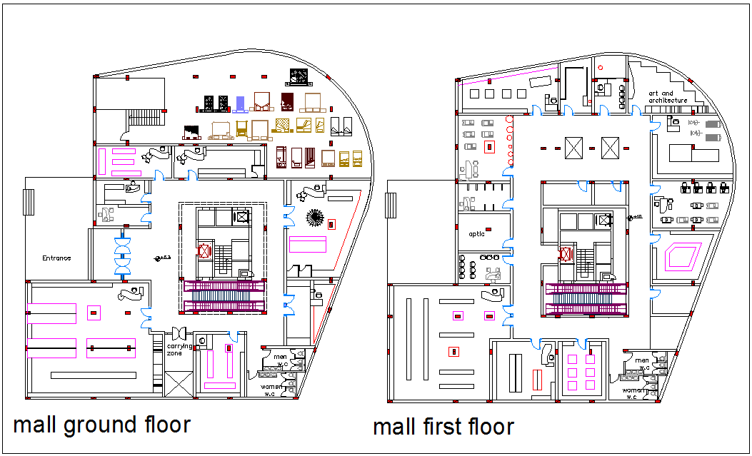 Mall with shopping area view with ground floor and first floor plan dwg file