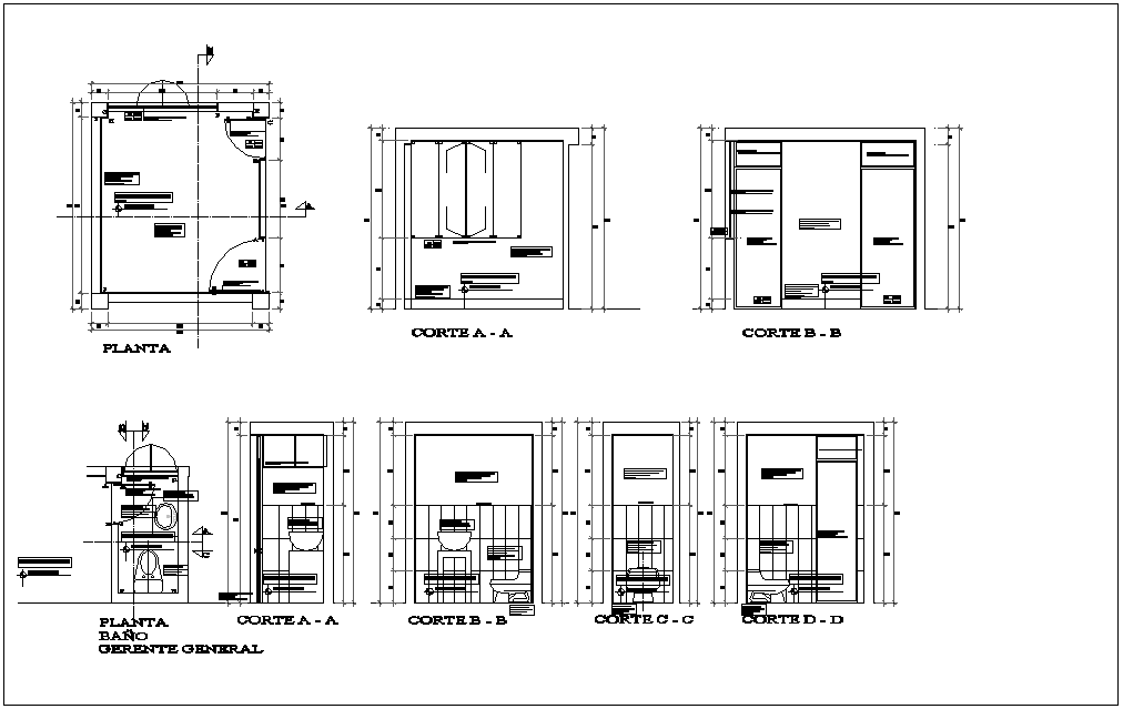 Manager area plan and section view with different axis for admin office dwg file
