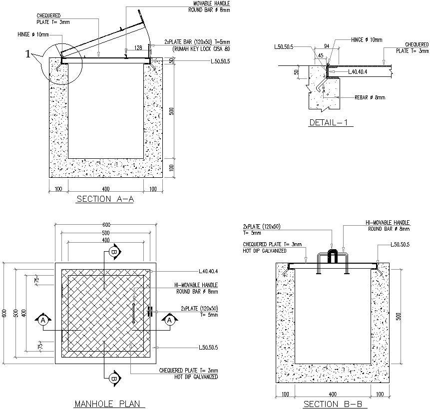 Man hole plan with detail in AutoCAD, dwg file.