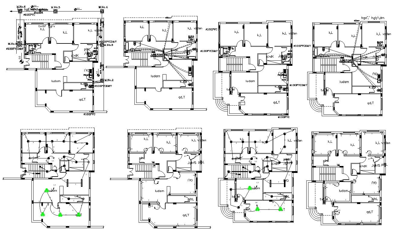 Many Floors Plan Of Bungalow With Electrical And Plumbing Design