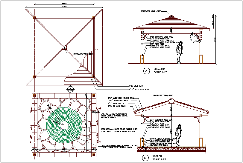 Marble paving in radial pattern plan,elevation and section view dwg file