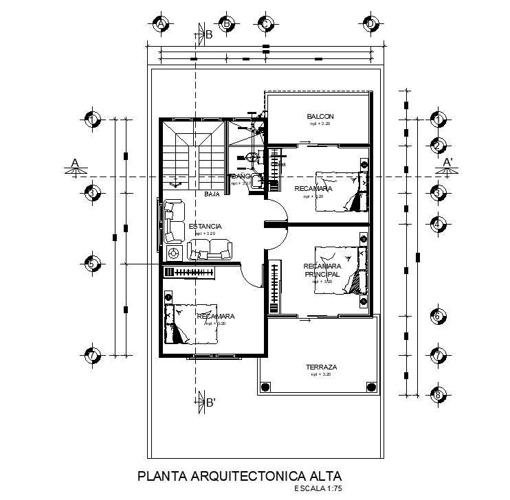 Marking detail of 8x10m first floor house plan is given in this AutoCAD drawing model. Download now.