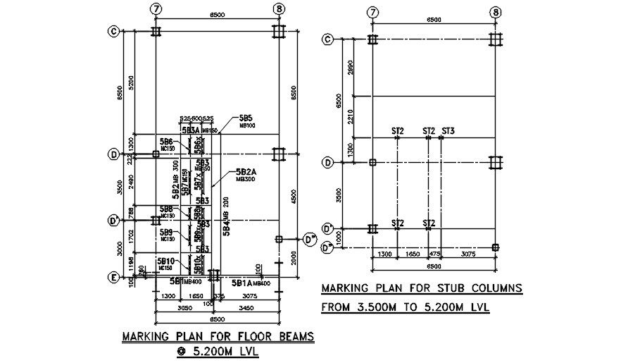 Marking plan for floor beams and stub column is given in this AutoCAD 2D DWG drawing file Download the Autocad DWG drawing file.