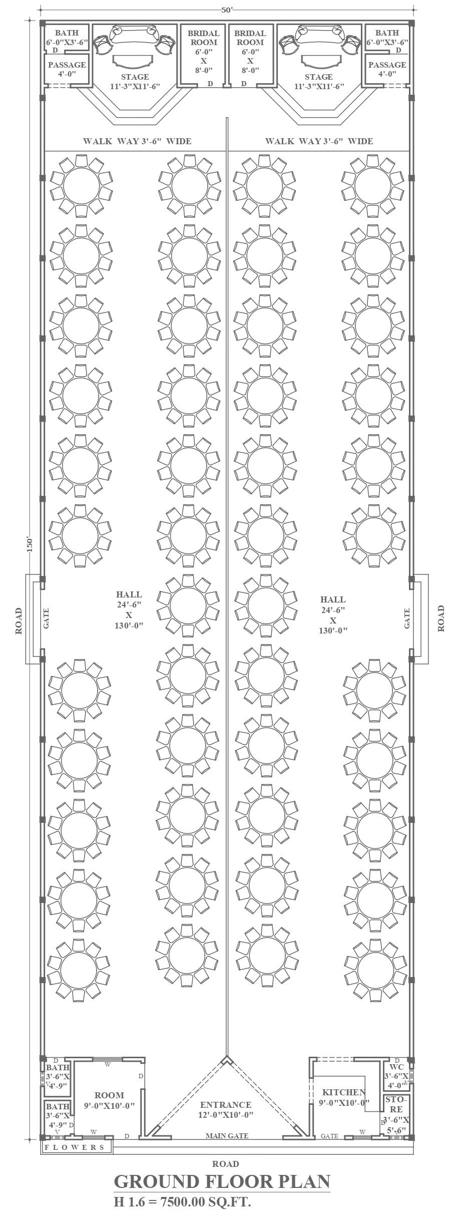 50×150 ft Marriage Hall 250-Seat Capacity DWG floor Plan File