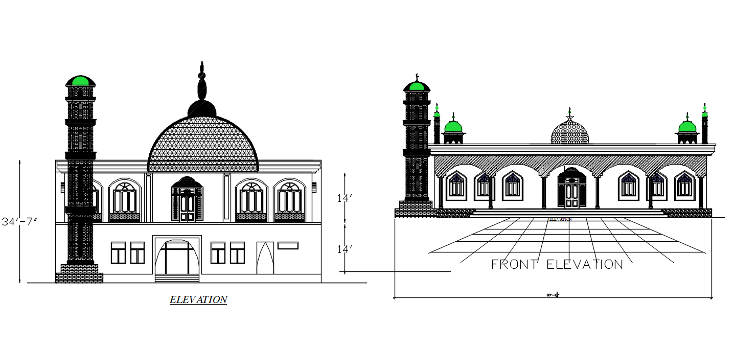 Masjid Building Elevation Design Download DWG File