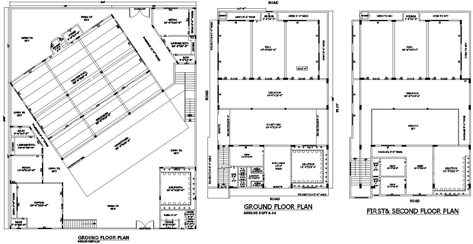 Masjid Ground, First and Second-Floor Layout Details AutoCAD DWG