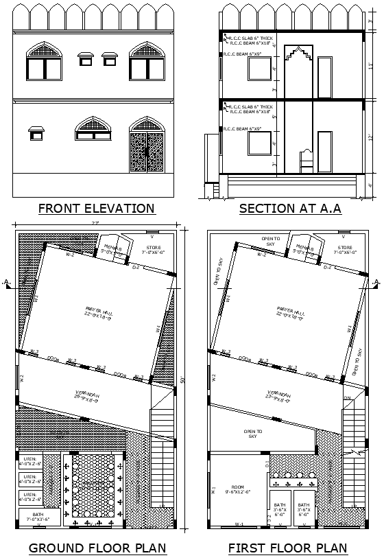 Masjid Ground and First Floor Details AutoCAD DWG Download