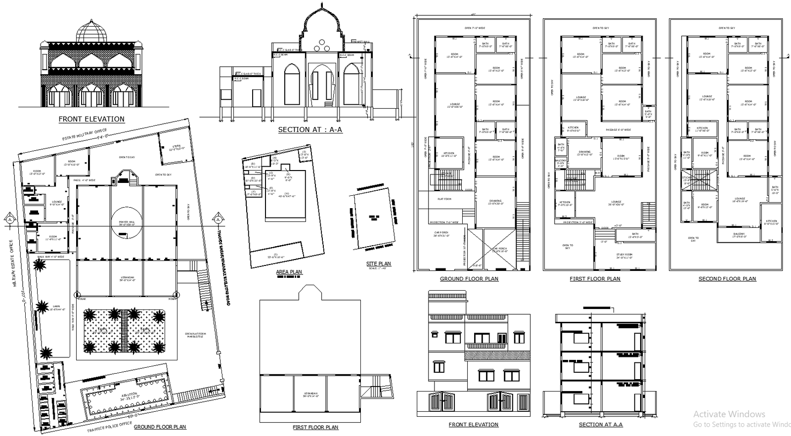 Masjid Layout Plan with Elevation and Section Details AutoCAD DWG File