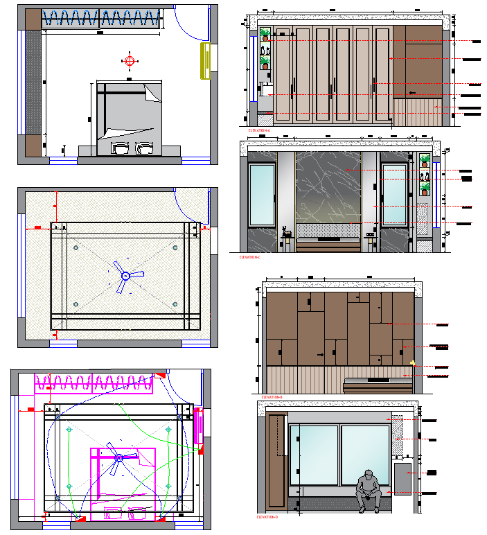 Master Bedroom 2d renders elevation design four walls dwg autocad drawing .