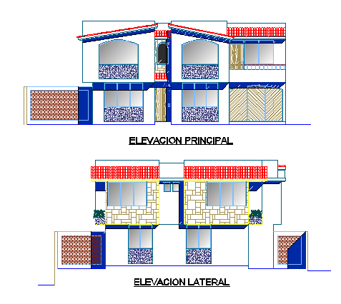 Material finish elevation of different sides of house dwg file