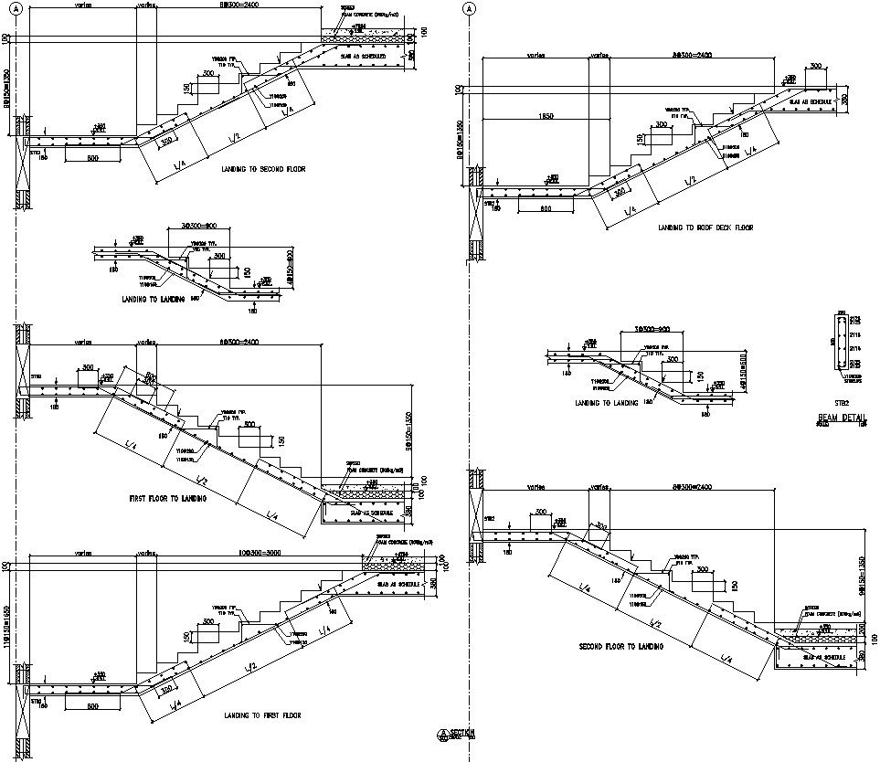 Mat foundation details in stairs section drawing in AutoCAD, dwg files.
