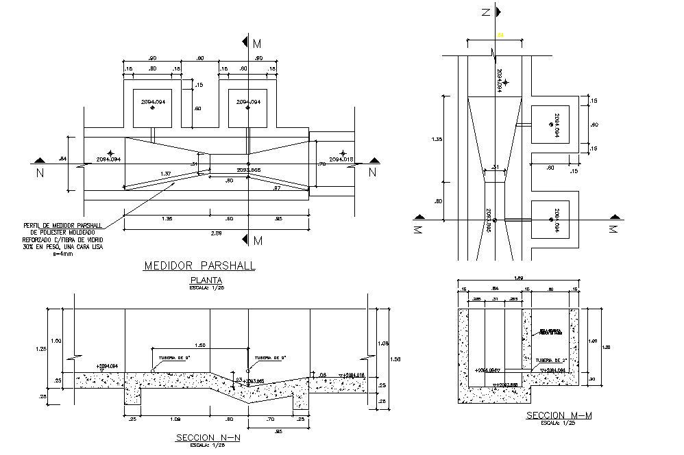 Medidor parshall plan and section detail dwg file
