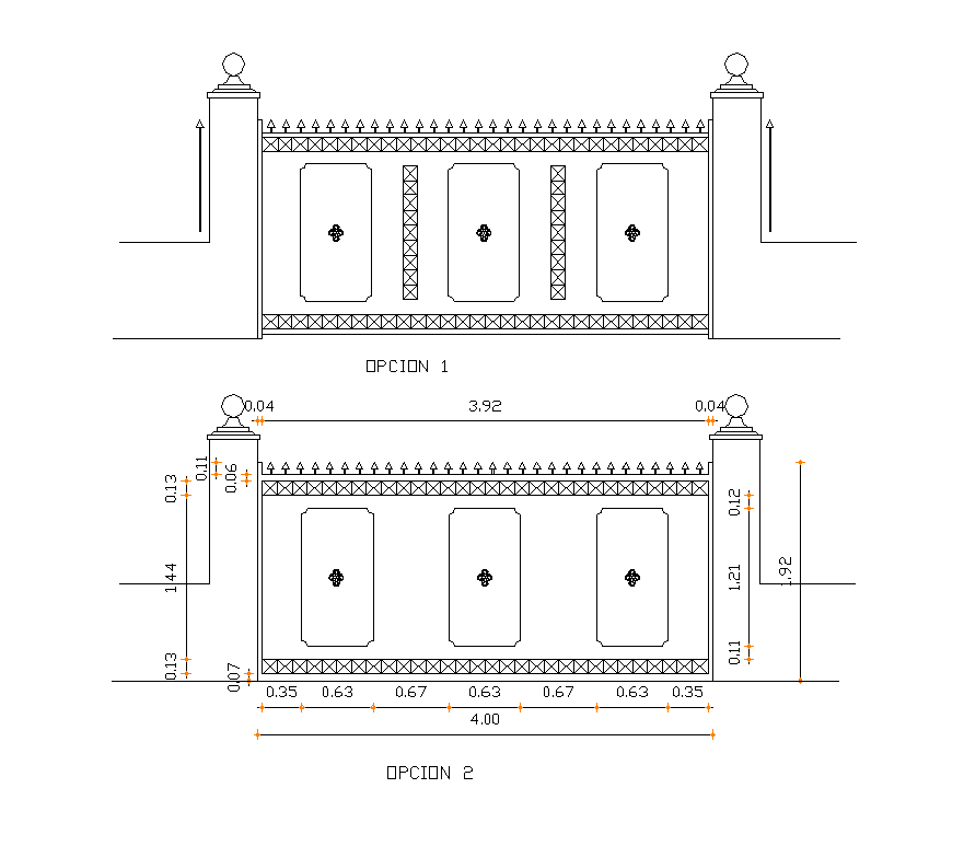 Metallic gate detail elevation 2d view layout file