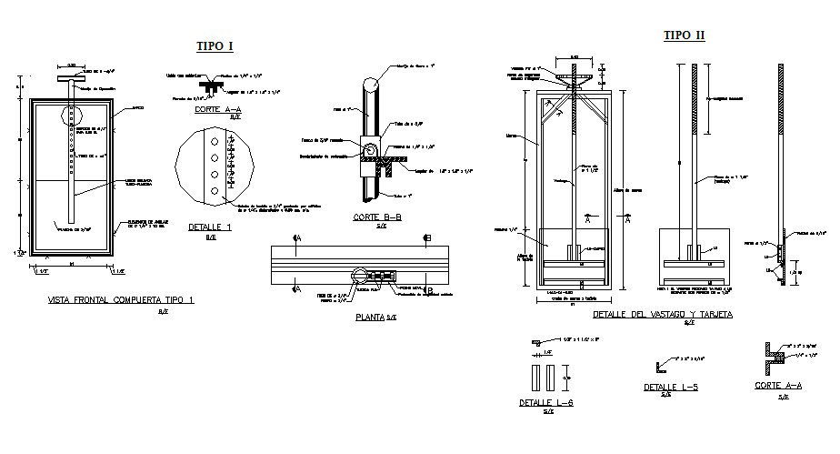 Metallic gate type section, plan and construction details dwg file