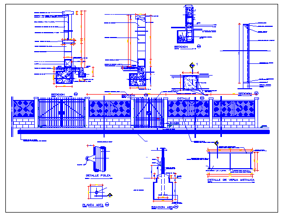 Metallic perimeter fence details with main gate of garden dwg file