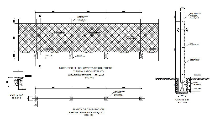 Metallic structure fence section, plan and constructive structure details dwg file
