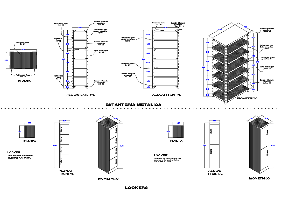 Metallic structure lockers elevation, section and plan details dwg file
