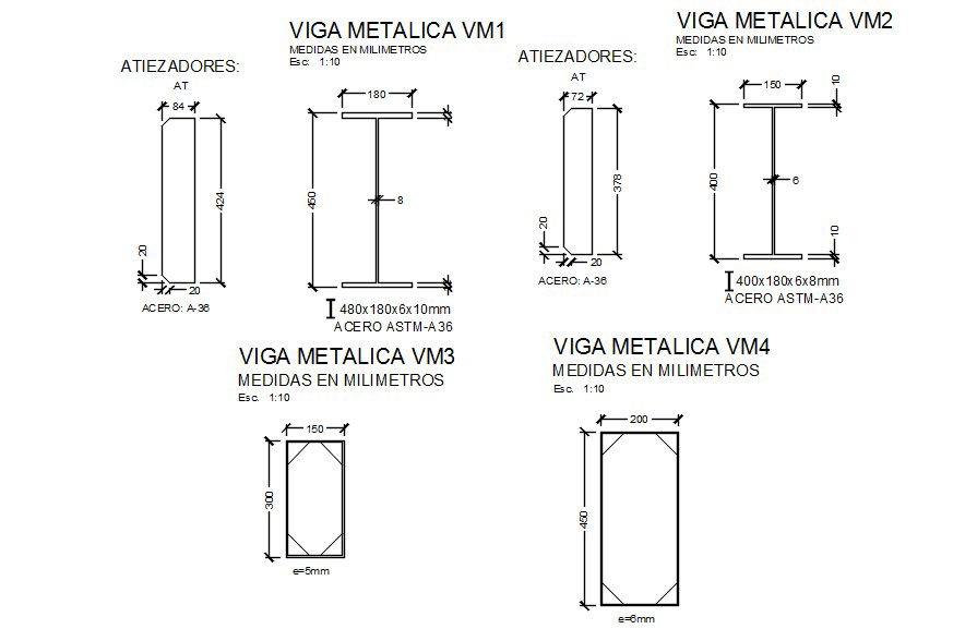 Metallic beam design with details in AutoCAD drawing, dwg file, CAD file